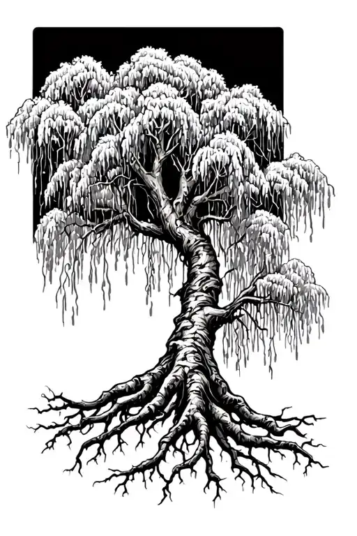 weeping Willow tree with roots tattoo design idea