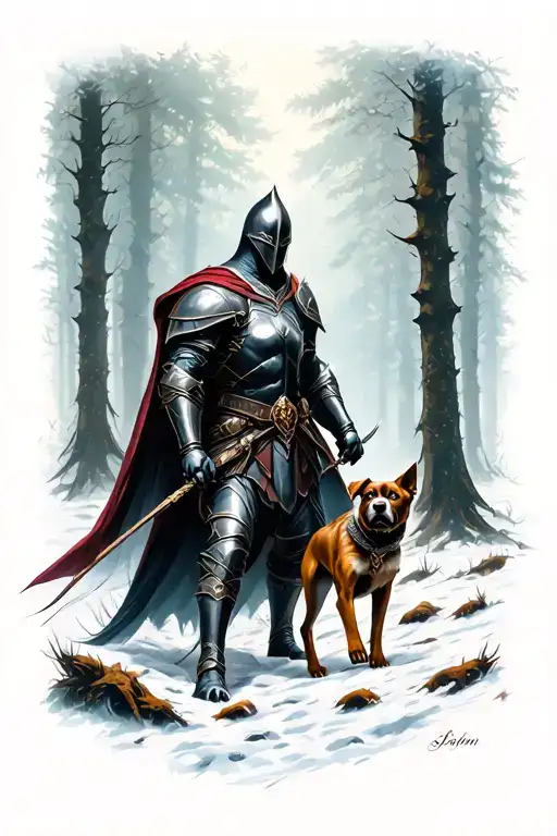 dark fantasy knight in battle scene in forest with dog tattoo design idea
