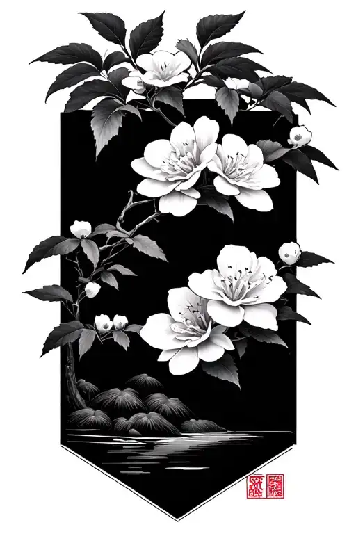 japanese garden, bambus, cherry flower tattoo design idea