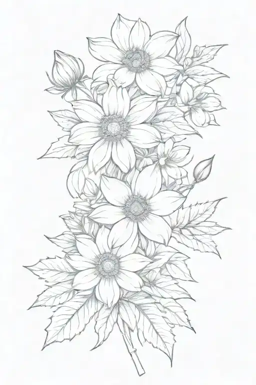 Chrysanthemum, Aster, Snowdrop, and Hellebore simple bouquet tattoo design idea