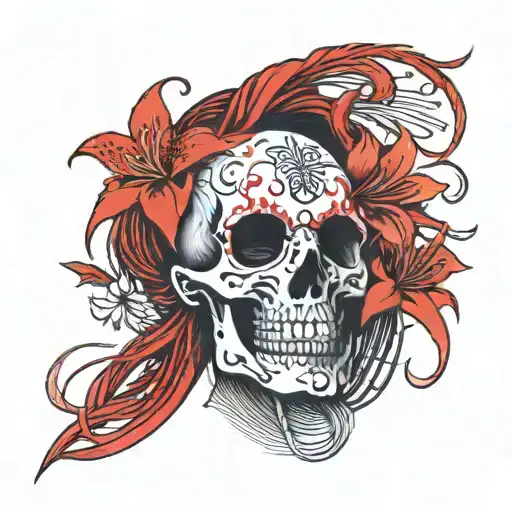 red spider lily side profile half flesh and half one skull geisha tattoo design idea