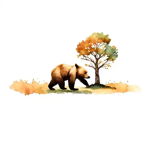 mama bear walking in front of live oak tree growing tattoo design idea