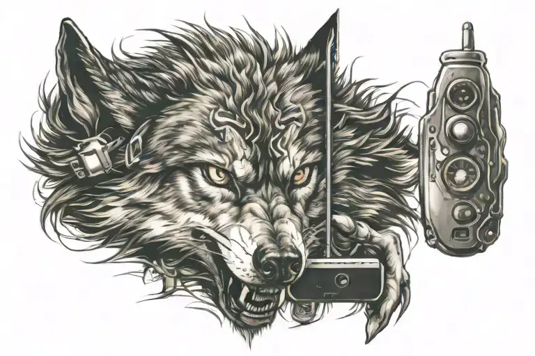 Angry wolf look looking straight ahead showing eyes looking at cell phone screen tattoo design idea