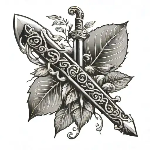 small dainty tattoo of a sword with a plant vine in the shape of double helix dna wrapped around the sword. tattoo design idea