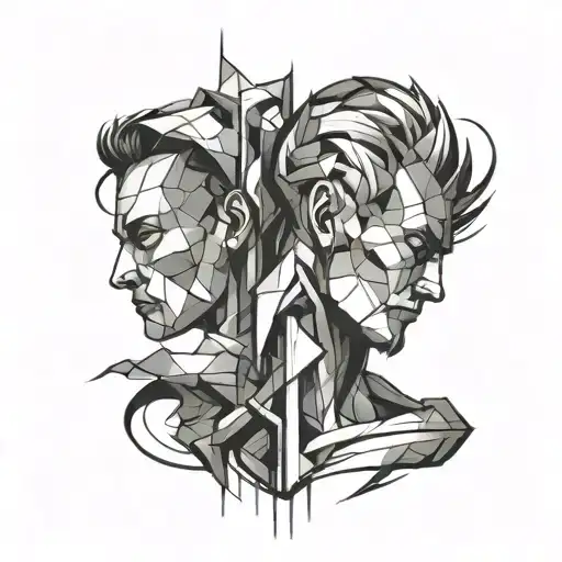 tabstract figures, one standing on the other's shoulders, stylized in a way that feels timeless and powerful. tattoo design idea