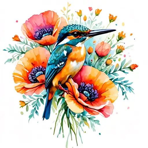 Kingfisher with poppy bouquet tattoo design idea