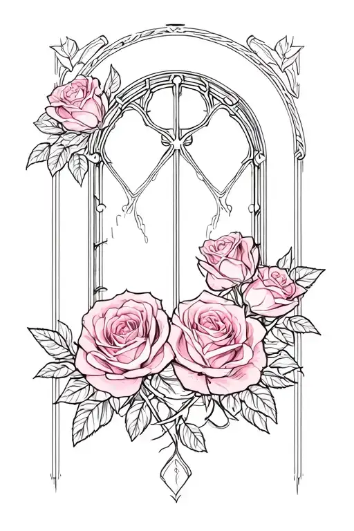 gothic window and roses wrapped round tattoo design idea