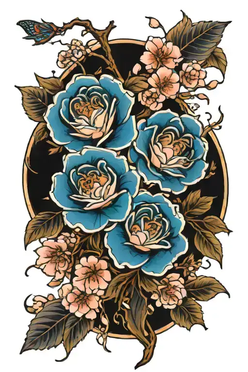 blue roses and cherry blossom flowers tattoo design idea