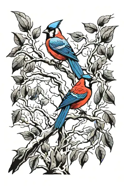 Willow tree with red cardinal and blue jay perched tattoo design idea