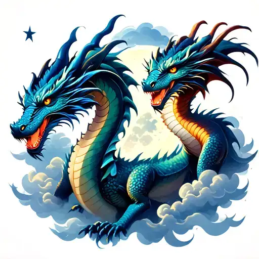 two dragons in the moonlight with clouds and stars tattoo design idea