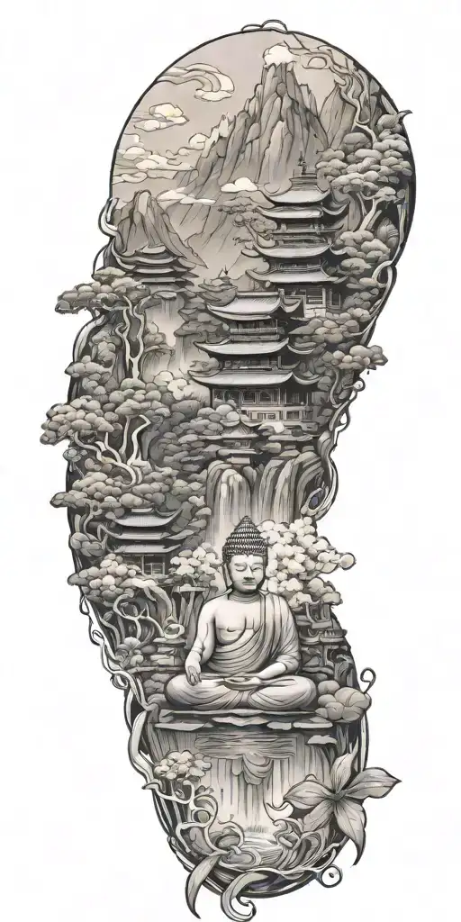 buddhist inpired tattoo focusing on scenary of nature, temples, water, mountains and with lotus, koi, bamboo, and budda tattoo design idea