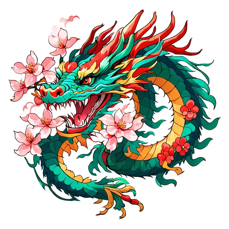 cherry blossom and dragon  tattoo design idea