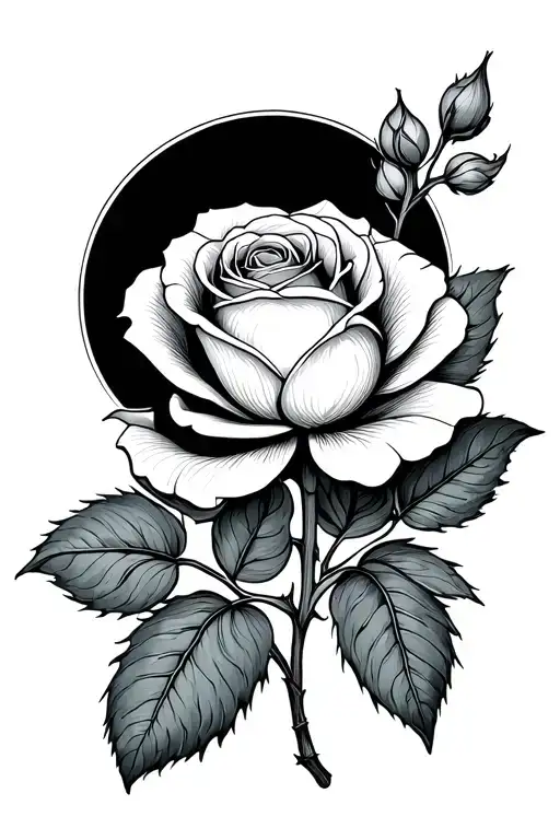 Minimalistic rose and honeysuckle flower with stems and a crescent moon behind them tattoo design idea