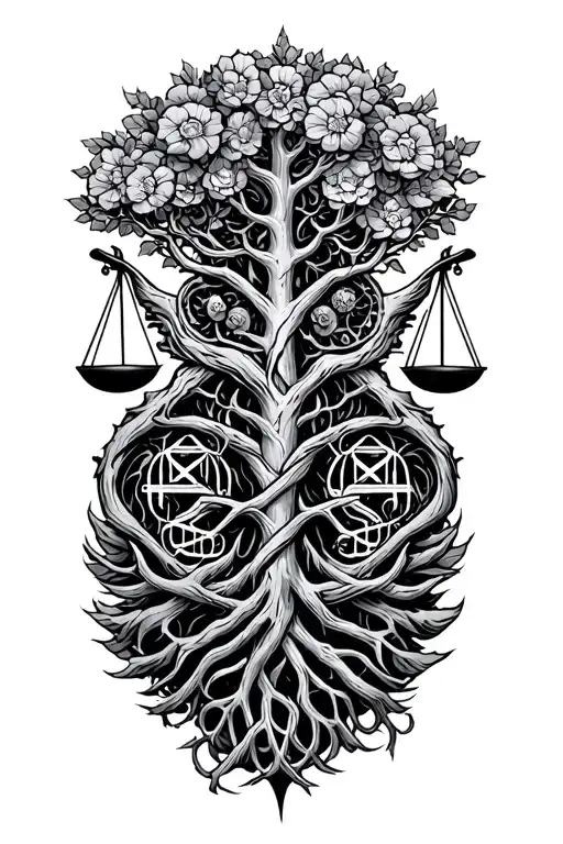 v-twin engine, midevil tree of life and libra scale intertwined  tattoo design idea