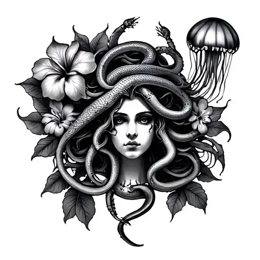 a Medusa tattoo with a jellyfish a snake and a scorpion with hibiscus flowers tattoo design idea
