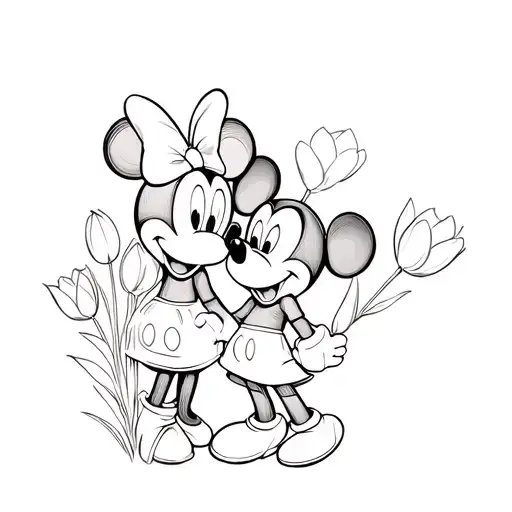 mickey mouse and minnie mouse with tulips tattoo design idea