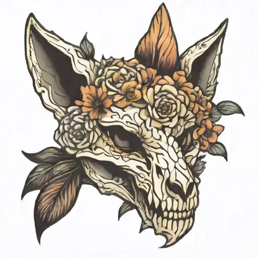 fox skull flowers tattoo design idea