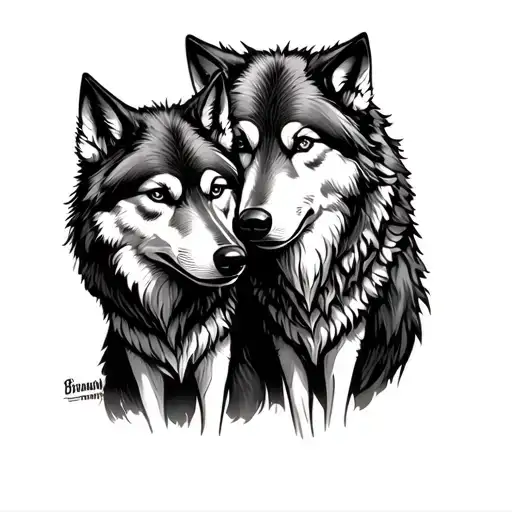 the name 'Brennan' used to create a line drawing of mom wolf protecting her son  tattoo design idea