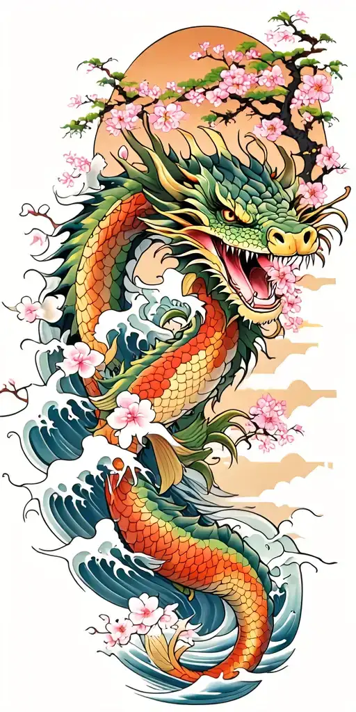 A fierce dragon emerging from the ocean waves with koi fish and cherry blossom trees in the background tattoo design idea
