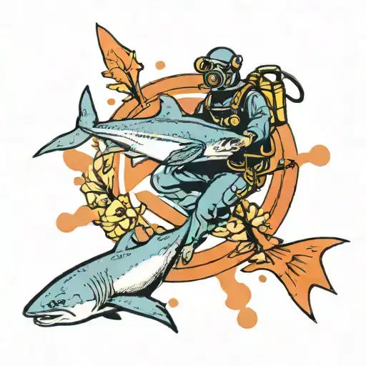 scuba diver with a shark swimming tattoo design idea