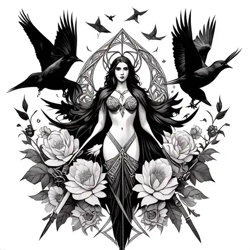 an image of the Celtic Goddess, the Morrigan. Surrounded by her associated flowers, weapons and multiple flying crows.  tattoo design idea