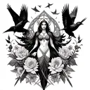 an image of the Celtic Goddess, the Morrigan. Surrounded by her associated flowers, weapons and multiple flying crows.  tattoo design idea