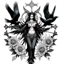 an image of the Celtic Goddess, the Morrigan. Surrounded by her associated flowers, weapons and multiple flying crows.  tattoo design idea