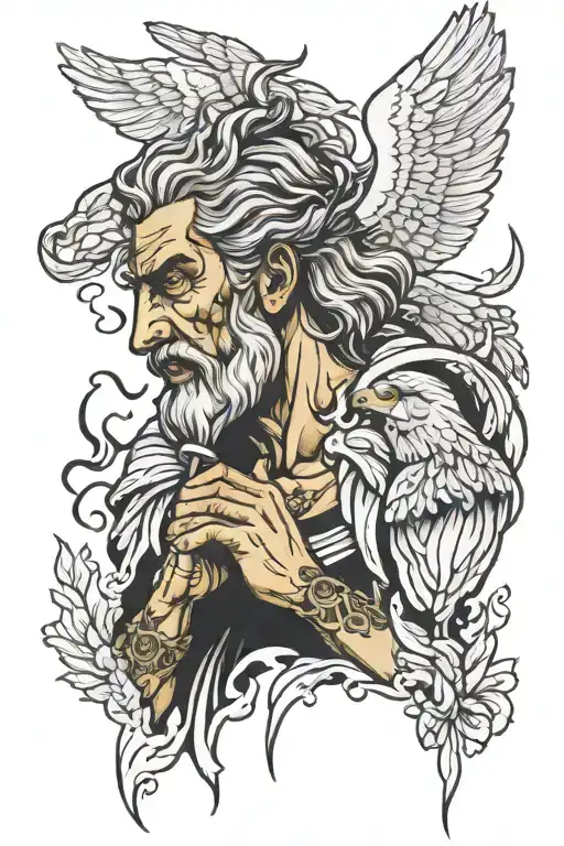 CRYING ZEUS WITH HAWK tattoo design idea
