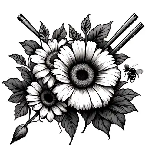 Create a tattoo with daisy and sweet pee flowers and morning glory and include drum sticks and a bee In black and white  tattoo design idea