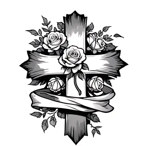 Cross made of rosses wrapped with ribbon going up the arm tattoo design idea