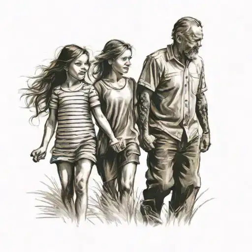 father and 2 daughter holding hands tattoo design idea