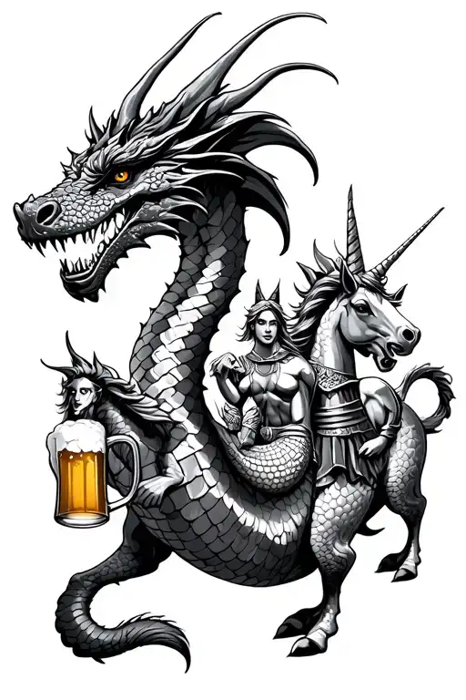dragon leading parade of mermaid, unicorn, and knight. They are all drinking beer in beer mugs tattoo design idea