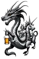 dragon leading parade of mermaid, unicorn, and knight. They are all drinking beer in beer mugs tattoo design idea