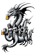 dragon leading parade of mermaid, unicorn, and knight. They are all drinking beer in beer mugs tattoo design idea