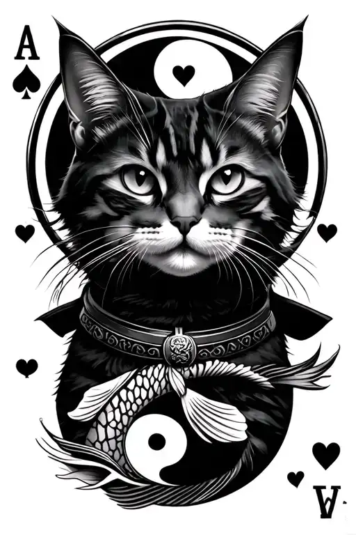"the cat is a samurai proile"  a cat samurai circled araund by ying and yang koi fish and a necklece of a card jack of hearts tattoo design idea