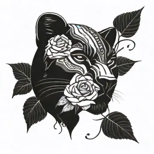black panther with roses tattoo design idea