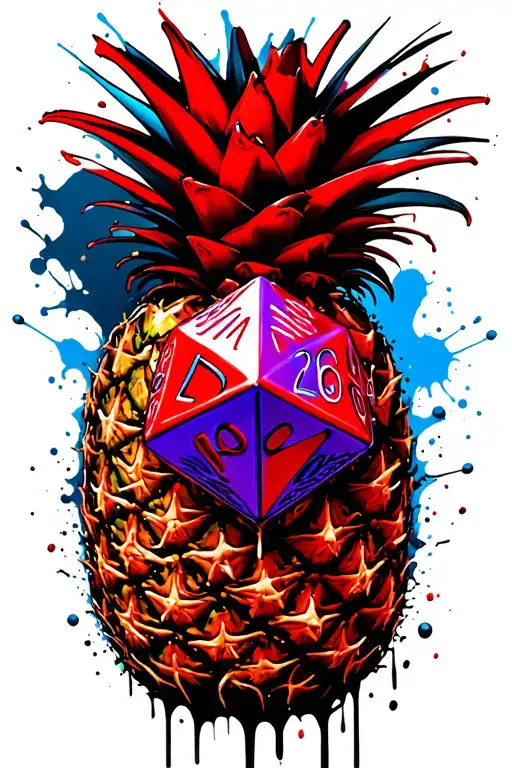 tribal upside-down pineapple with a D20 in it add blue and purple tattoo design idea