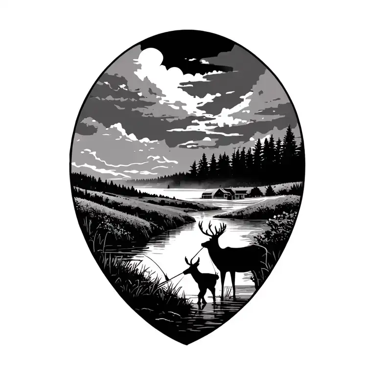 farm feild with a deer in the distance and an ice fisherman fishing tattoo design idea