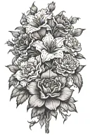  flower bouquet consisting of all of the following: carnation, violet, daffodil, morning glory, 2 chrysan tattoo design idea