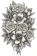  flower bouquet consisting of all of the following: carnation, violet, daffodil, morning glory, 2 chrysan tattoo design idea