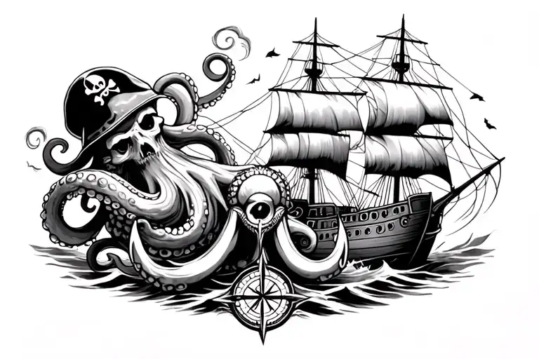 storm, octopus, pirate ship, anchor, compass tattoo design idea