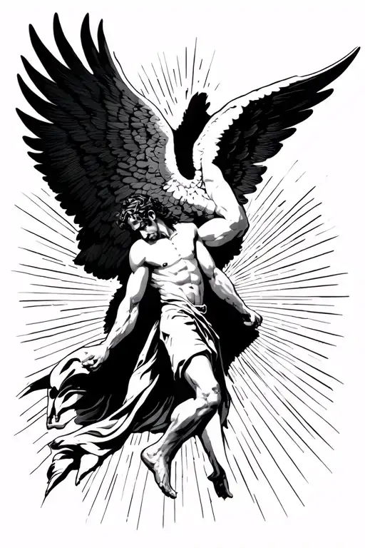falling man and below one wing of an angel catching him in the form of rays of light tattoo design idea