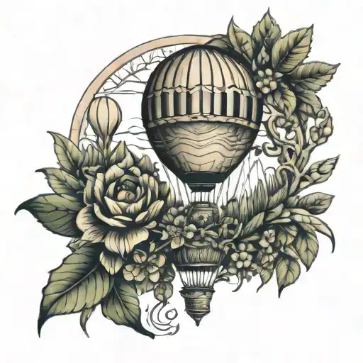 hot air balloon made of vegetation with two lovers inside tattoo design idea