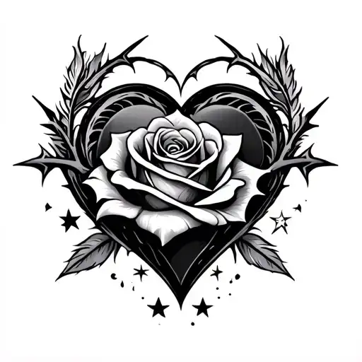 Simple easy design, rose, thorns, heart, feather, stars tattoo design idea