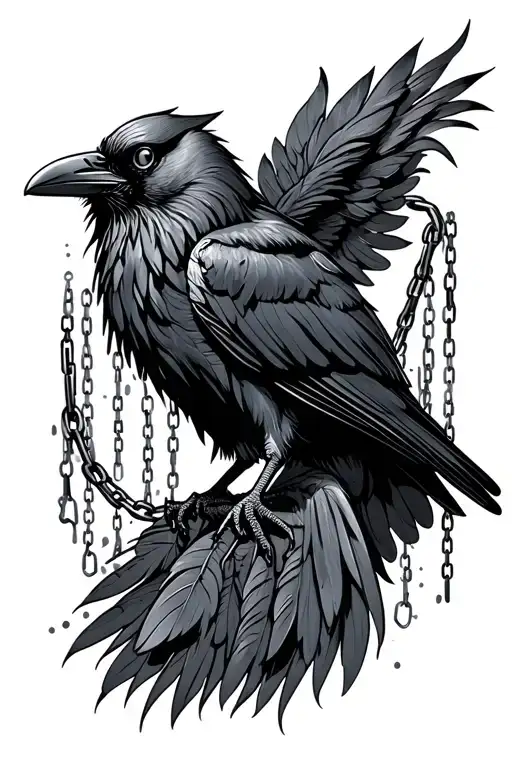 Crow, gothic style, chains behind it running down to the tail feathers both symmetrical, ink sprinkles tattoo design idea