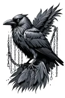 Crow, gothic style, chains behind it running down to the tail feathers both symmetrical, ink sprinkles tattoo design idea