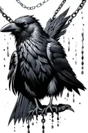 Crow, gothic style, chains behind it running down to the tail feathers both symmetrical, ink sprinkles tattoo design idea