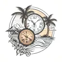 clock, palm tree, footprint, sunset, mountain landscape tattoo design idea