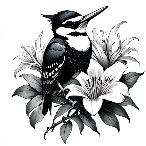 woodpecker, skull, lilies tattoo design idea
