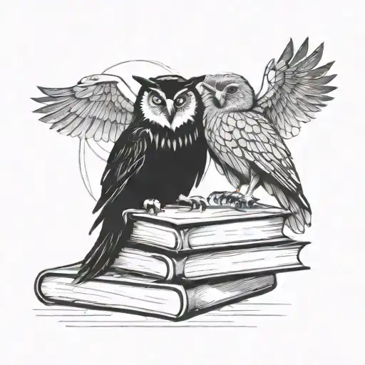 A sketch of an owl and raven perched on a stack of history books, representing the client's passion for mythology and folklore as a history teacher tattoo design idea